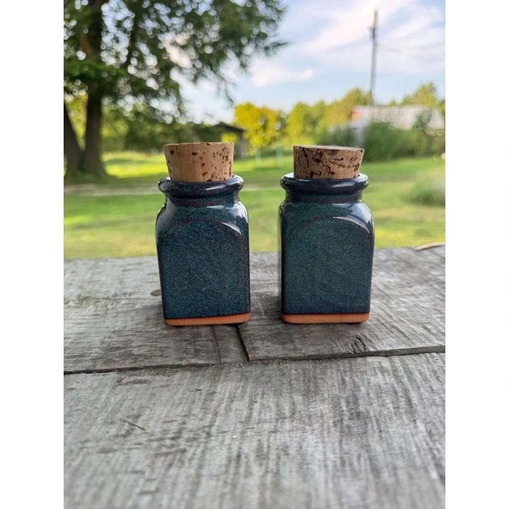 Vintage 1997 Signed Studio Pottery Teal Glaze Leaf Spice Jars with Cork Set of 2